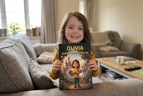 A child holding the printed hardback book
